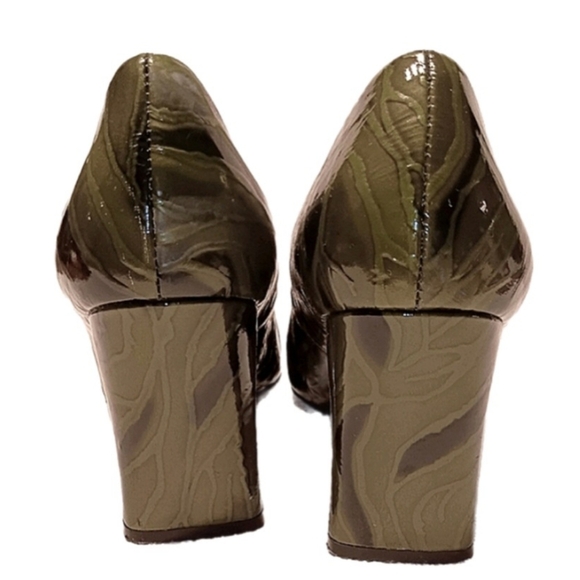 Embossed Camo Wedding Green Square Toe Pumps Block Heel 9B Patton Leather Snake - Picture 5 of 8